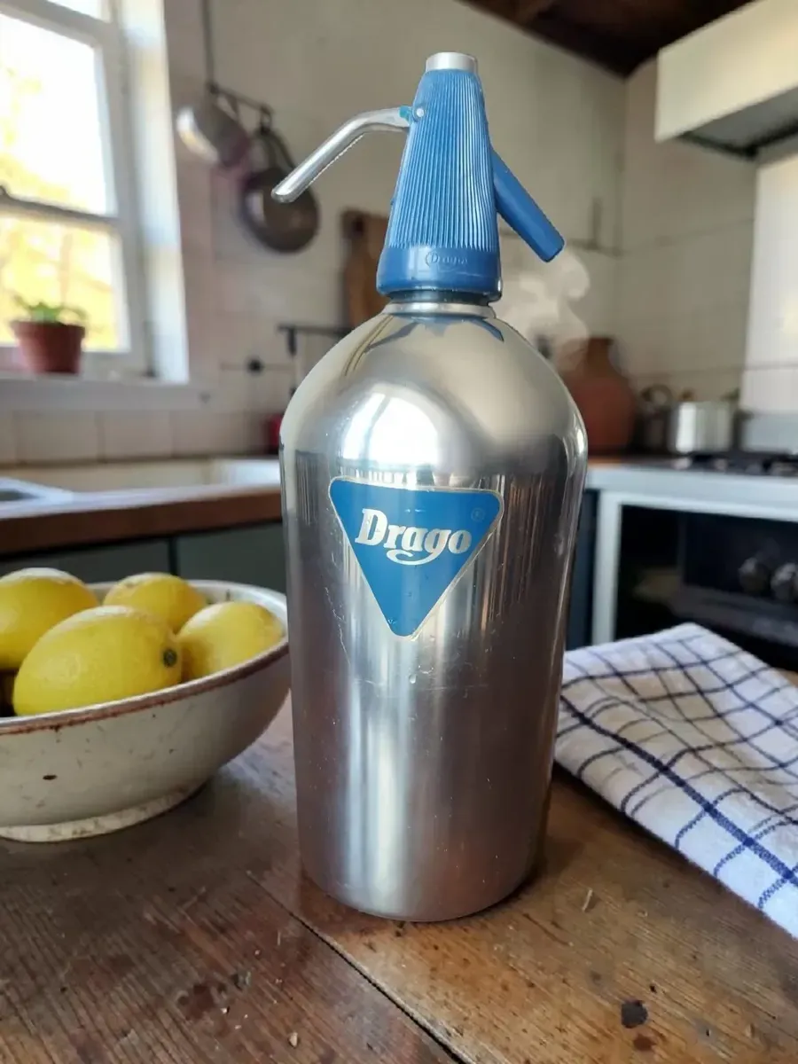Sifón de acabado metálico y cabezal azul sobre una mesa de madera