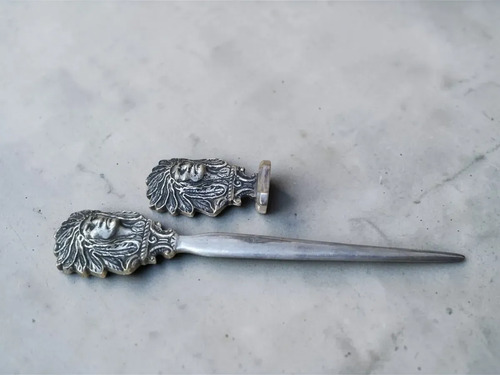 Set Escritorio Plata 900 Abrecartas Pisapapeles Jefe Indio, foto 2