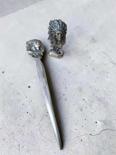 Set Escritorio Plata 900 Abrecartas Pisapapeles Jefe Indio, foto 3